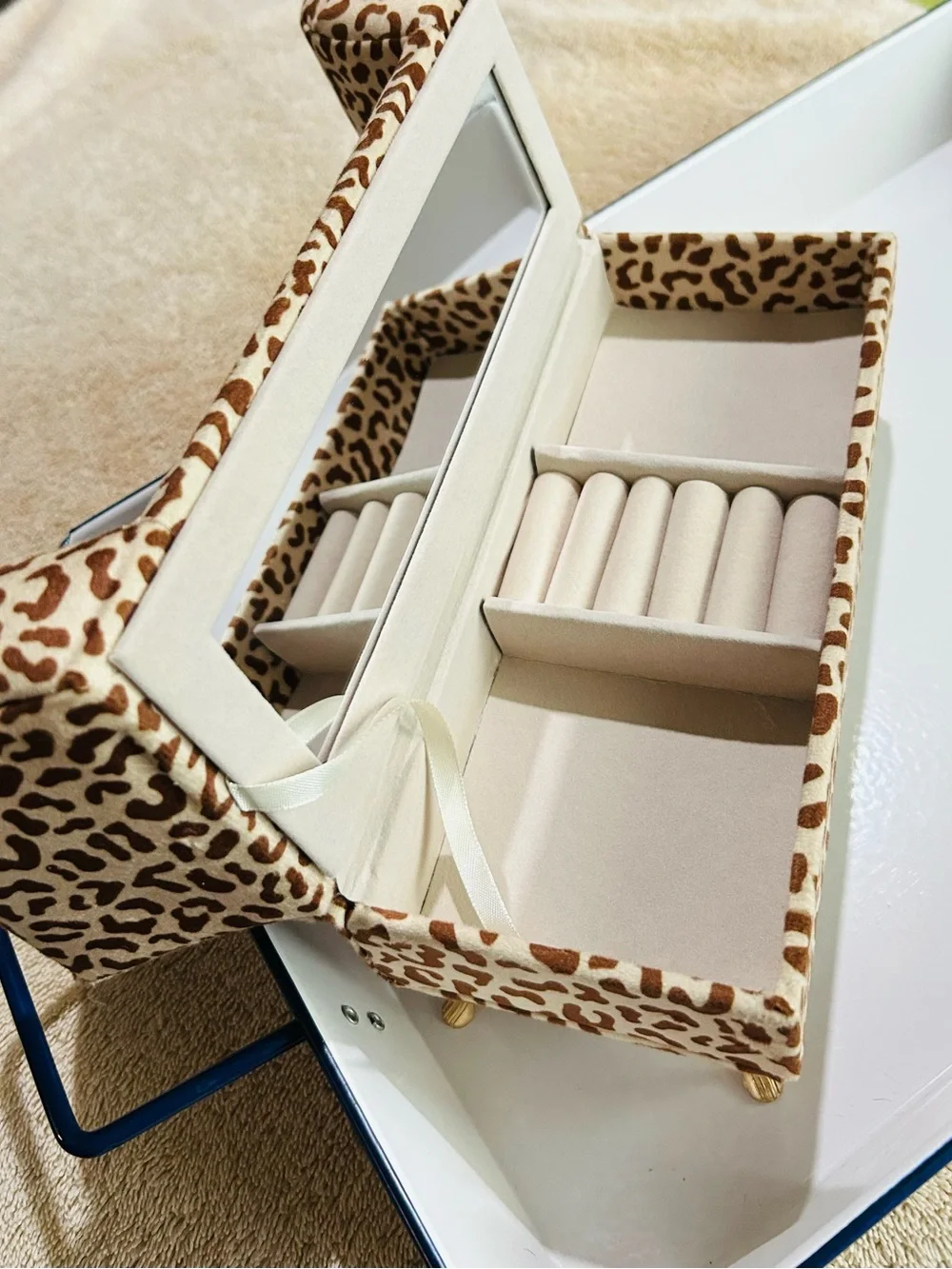 Leopard Print Jewelry Organizer Box with Mirror - Beige
